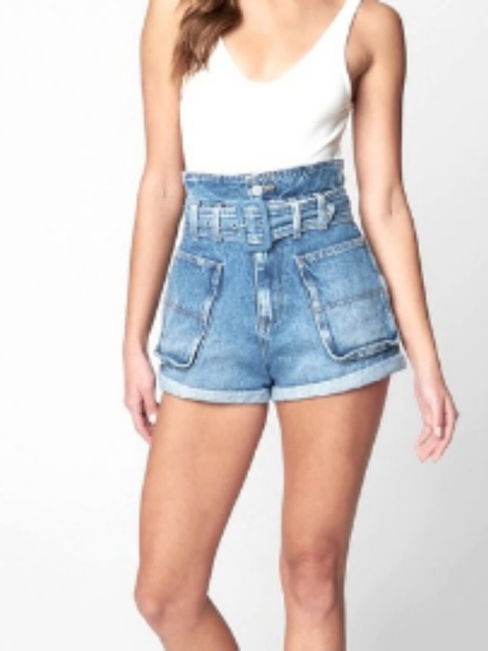BLANK NYC Womens Size 26 Denim Paper Bag Waist Overboard Jean Shorts Blue 80s